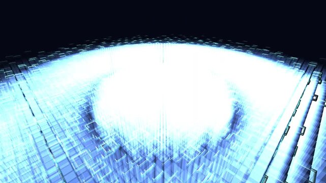 Monolithic server pillars gracefully subdivide in an infinite spatial octree grid, glowing with iridescent data rings. Represents load balancing, perfect for AI and cloud infrastructure content.