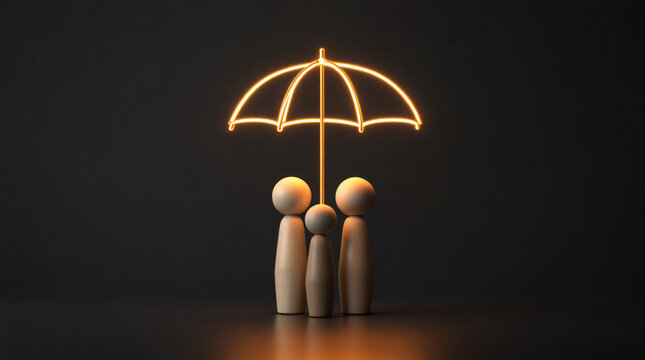 A glowing umbrella protects three wooden figures representing a family, symbolizing protection and security.