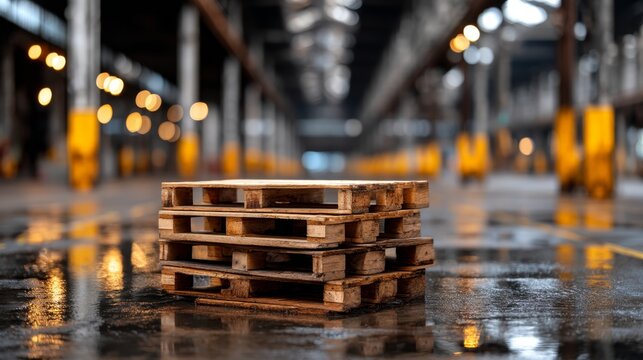 broken supply chain concept, abandoned materials, Stack of Wooden Pallets Slowly Rotting in an Abandoned Warehouse with Dull Lighting and Reflections