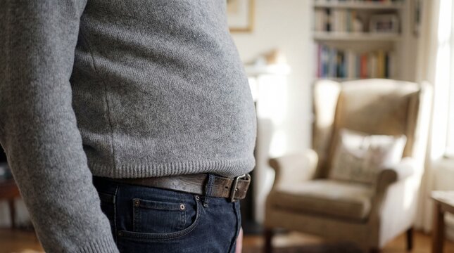Mans Midsection Showing Belly Fat in a Home Setting.