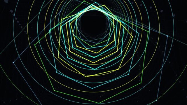 Dense geometric rings and hexagonal chains lock into a glowing cyan and gold cryptographic lattice. Represents immutable ledger security, great for fintech and blockchain pitch decks.
