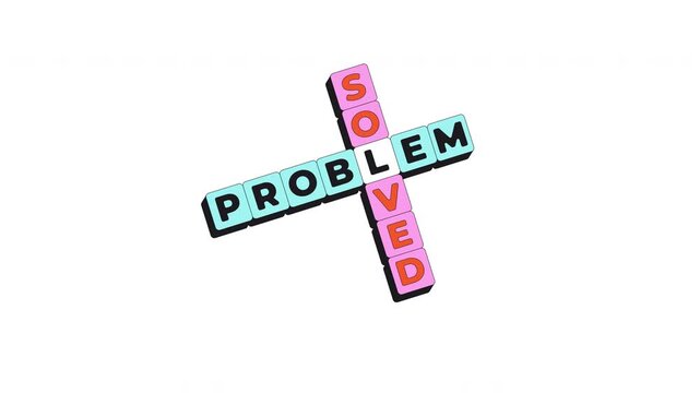 Problem solved words blocks 2D cartoon object animation. From challenge to resolution. Business success. Solution cubes. Crossword intersection animated flat colorful item 4K video isolated on white