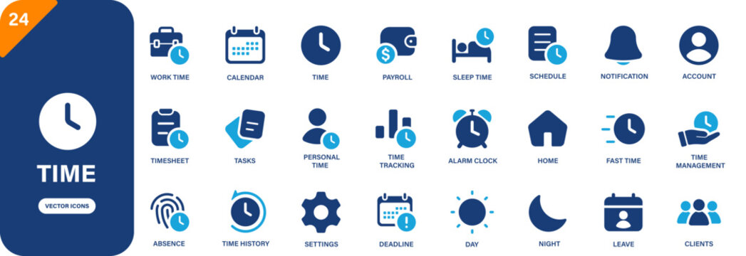 Time icon collection featuring timesheet, work time, time management, leave and schedule symbols. Solid vector icons.