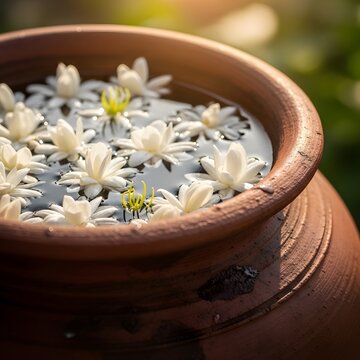 Serene floral display evoking Sri Lankan culture, Sinhala and Tamil New Year Avurudu, a peaceful Background with Copy Space for Kavili and Kiribath