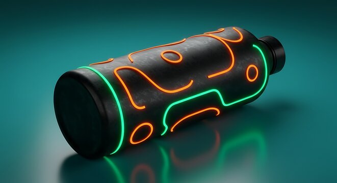 Futuristic Neon Circuit Bottle on Green Surface.