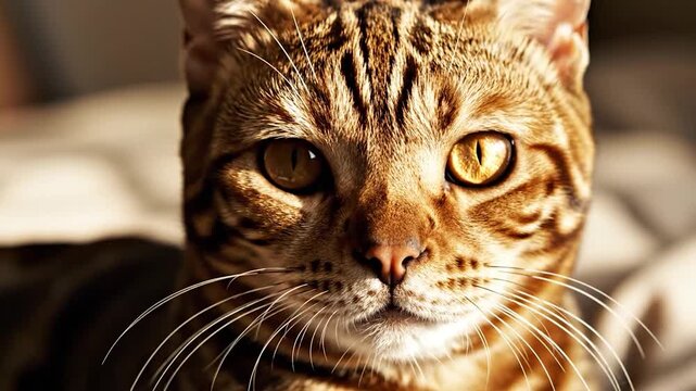 Close-up portrait of a domestic feline with striking eyes and patterned fur