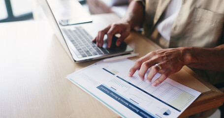Fototapeta premium Laptop, documents and hands of man in home for finance review, budget planning and accounting. Remote work, data entry and person on computer with paperwork, graph and numbers for financial analysis