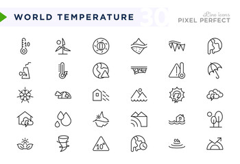 Fototapeta premium World Temperature line icon set. Clouds, rain, storms, temperature symbols, weather, climate change, seasonal elements, tornado, thunder vector icons. Editable stroke