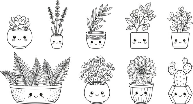 Cute happy funny succulents plants,cacti,flower emoji set collection.Vector coloring cartoon kawaii character illustration.Plants page for coloring book bundle concept.Isolated on white ... 
