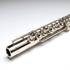 Obraz premium Describe a silver flute with cylindrical body, metal keys, and mouthpiece, placed against a white background. Highlight its sleek design and relevance to classical music and woodwind instruments.
