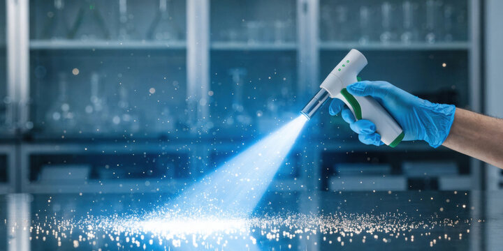 Biotechnology lab spray gun emitting blue light and particles cleaning stainless surface with