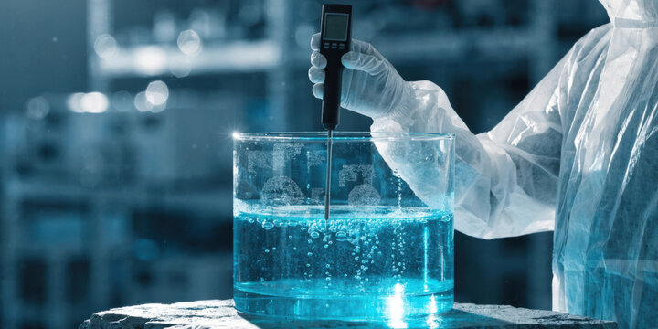 Biotechnology laboratory scientist measuring solution temperature glass beaker with probe while