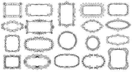 Fototapeta premium Collection of 25 Hand-Drawn Decorative Frames and Borders, Vintage Style, Isolated on White
