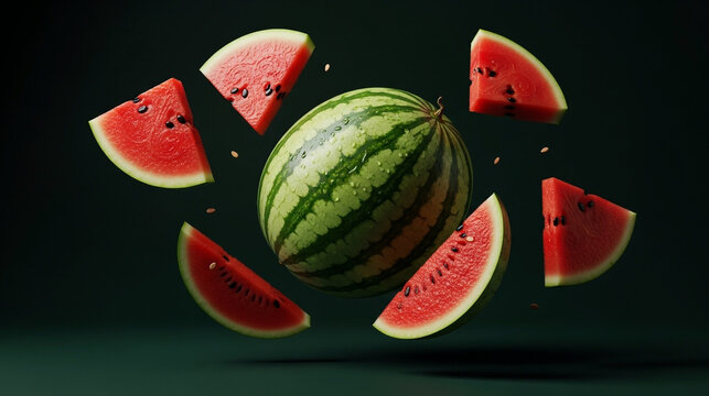 Whole and sliced watermelon levitating against a dark green background