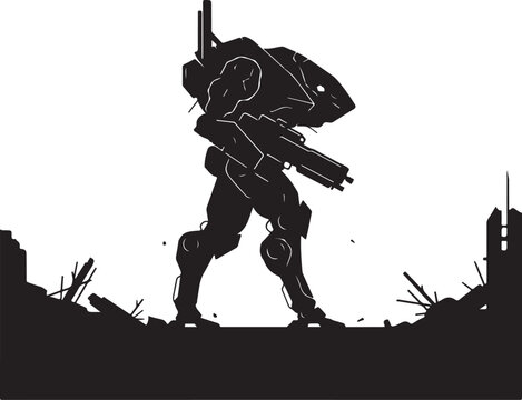 Robotic warrior silhouette, futuristic robot, sci-fi character, black vector illustration