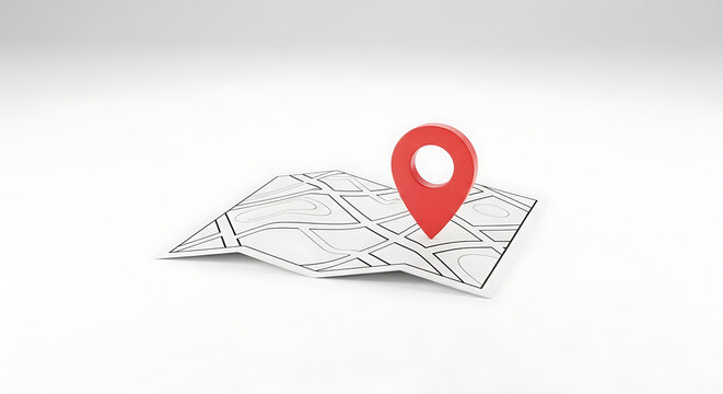 Red location pin on a folded map with black lines against a plain white background in a studio shot ai generated