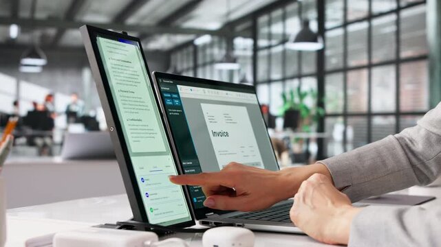Accountant Reviewing Electronic Invoice On Computer Monitor