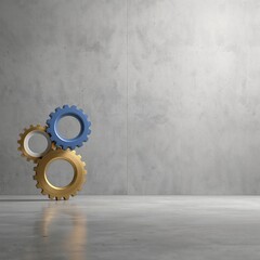Golden and blue gears in a modern interior setting for business concepts
