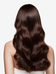 Fototapeta premium Back portrait view highlights defined long brown wavy hair.