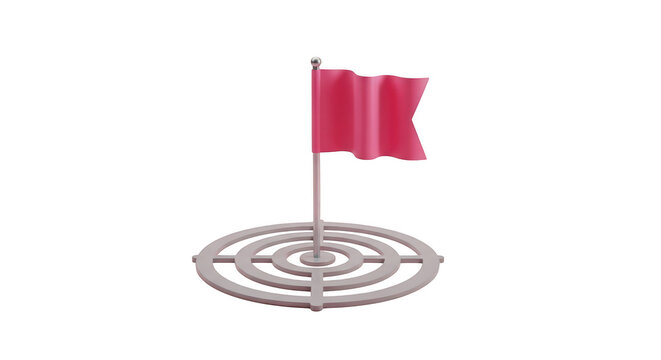 A pink flag on a silver pole with a circular base