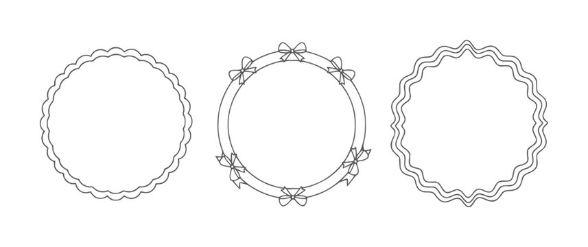 Three decorative circular frames with scalloped bow and wavy edges circle border
