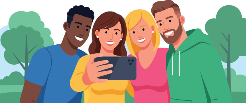 Four happy friends taking a close-up selfie together in a park with trees.