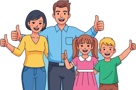 Happy family of four smiling broadly while giving enthusiastic thumbs up.