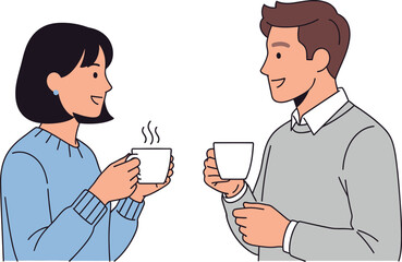 Fototapeta premium Man and woman converse over steaming cups holding hot beverages in casual.