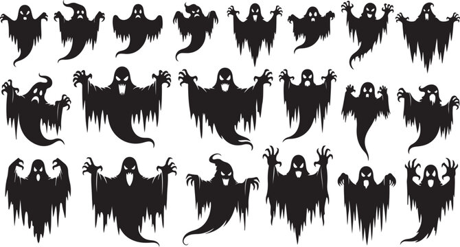 Halloween ghost icons, black silhouette spooky ghosts, creepy characters, vector illustrations