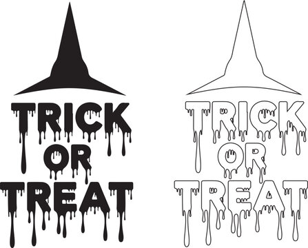 Halloween witch hat, trick or treat, black and white vector icons, spooky text effect, holiday graphics