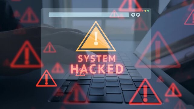 Scene reflects strong cybersecurity protection.System warning alert signals critical security issue. Suspicious activity shows possible breach. Monitoring tools detect threats in real time.	
