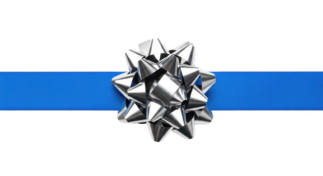 A silver bow on a blue ribbon