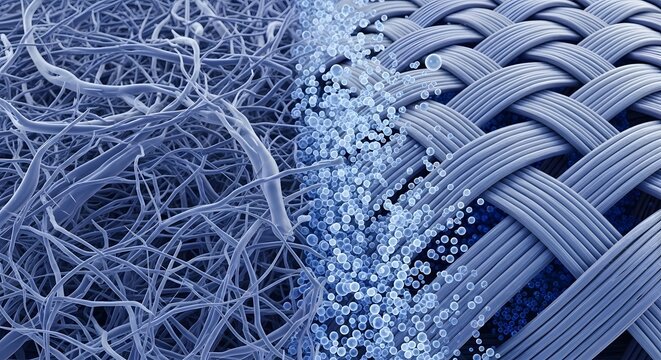 Microscopic view comparing disorganized natural fibers against structured synthetic woven fabric