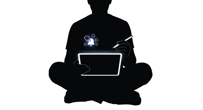 Silhouette of person using graphics tablet, digital art, creative workspace, black silhouette