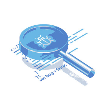 Magnifying glass examining code with a bug icon, symbolizing software debugging and quality assurance in technology.