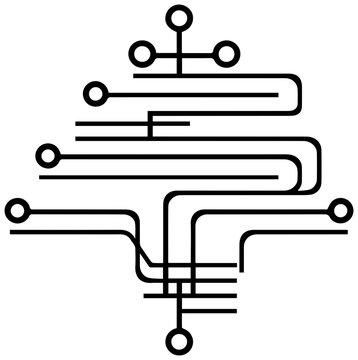 Minimalist black line icon of a sankey diagram symbolizing energy flow and efficiency on a white background for infographics and presentations