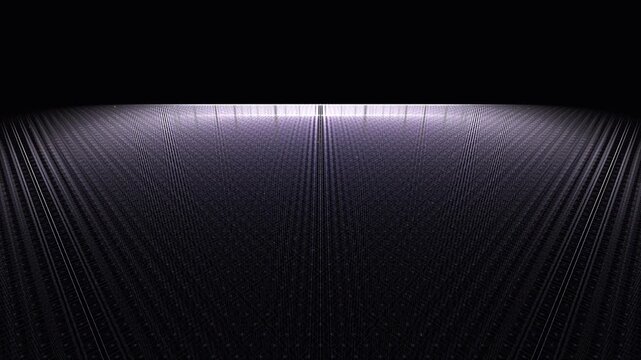 Silver data streams navigate an infinitely shifting grid of dark translucent container blocks, visualizing enterprise routing protocols. Works for enterprise IT and data center brand films.