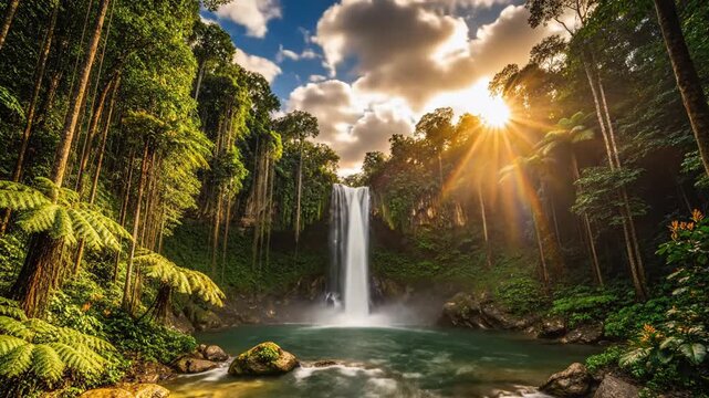 Stunning Waterfall Cascading Through Lush Green Jungle Paradise.