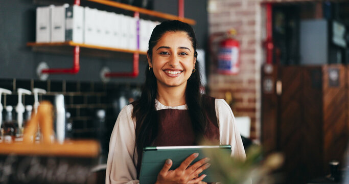 Manager, woman and smile with tablet in cafe for hospitality, online order and about us pride. Small business, hostess portrait and tech for digital menu, inventory management and customer service