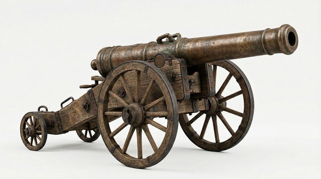 Antique bronze cannon on wooden carriage isolated on white background