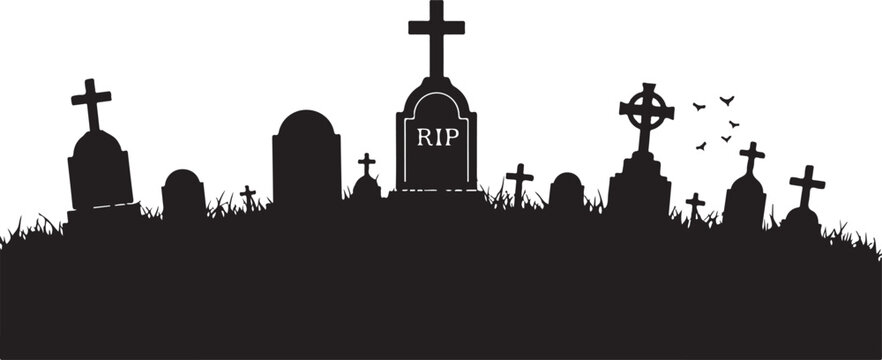 Halloween cemetery silhouette, black graveyard icons, RIP tombstone, spooky cross grave markers