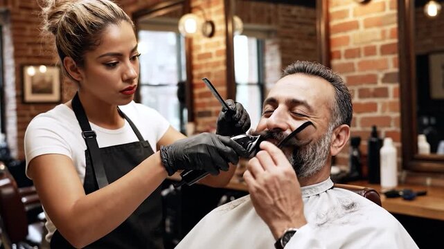A professional stylist trims a client's beard with electric clippers