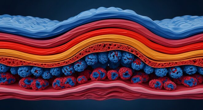 A detailed 3d medical illustration showing the stratified layers of human skin tissue anatomy