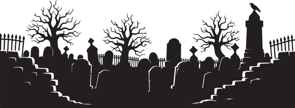 Black silhouette cemetery, spooky graveyard scene, Halloween vector background, creepy tombstones