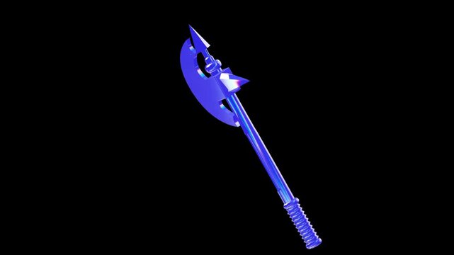 Angled view of a blue iridescent halberd weapon standing vertically in a dark space highlighting the metallic texture and sharp fantasy design elements