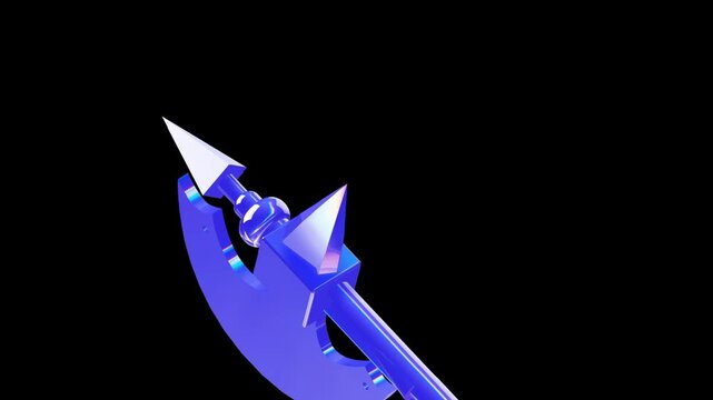 Top down perspective of an iridescent blue fantasy polearm focusing on the axe head and spiked pommel with a smooth metallic finish and vibrant highlights