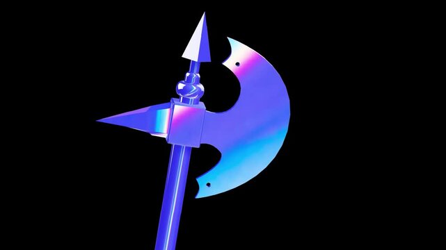 Detailed close up of an iridescent halberd blade showing vibrant color shifts and sharp metallic points against a dark minimalist background for fantasy use