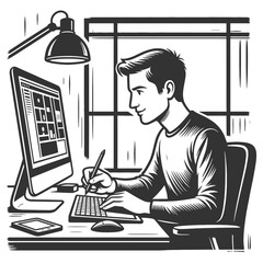 young man using a computer and drawing tablet at desk, digital design, creativity, and remote work sketch engraving generative ai vector illustration. Scratch board imitation. Black and white image.