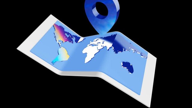 Detailed world map with a large location pin marker on a folded digital interface for international logistics and global positioning system services