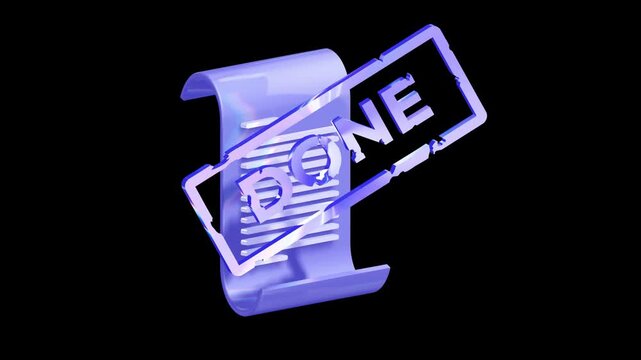 Purple 3D document scroll with a prominent blue translucent DONE stamp overlay for professional validation and project management success